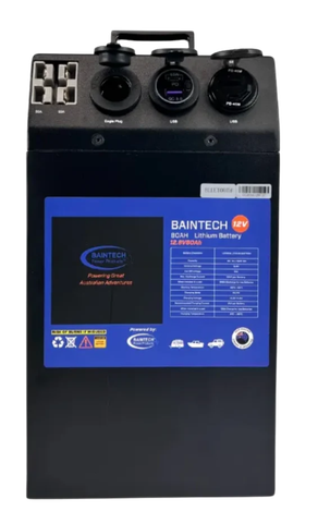 Baintech 80Ah lithium power station, front view with outlets on top