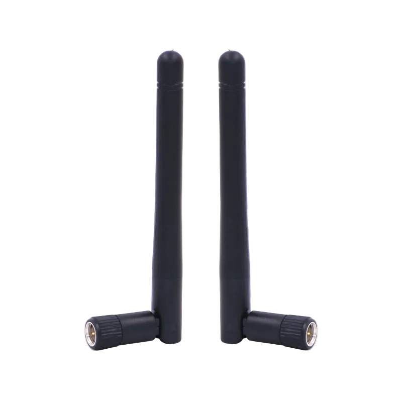 Pair of black 2.4/5.8GHz Wi-Fi whip antennas with angled connectors