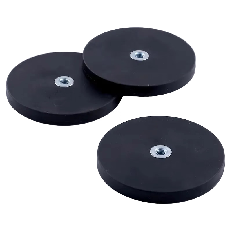 Black rubber coated mounting magnets with threaded centres