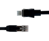 Close up of the HP power supply to RJ45 cable ends: Starlink power supply plug and RJ45 plug