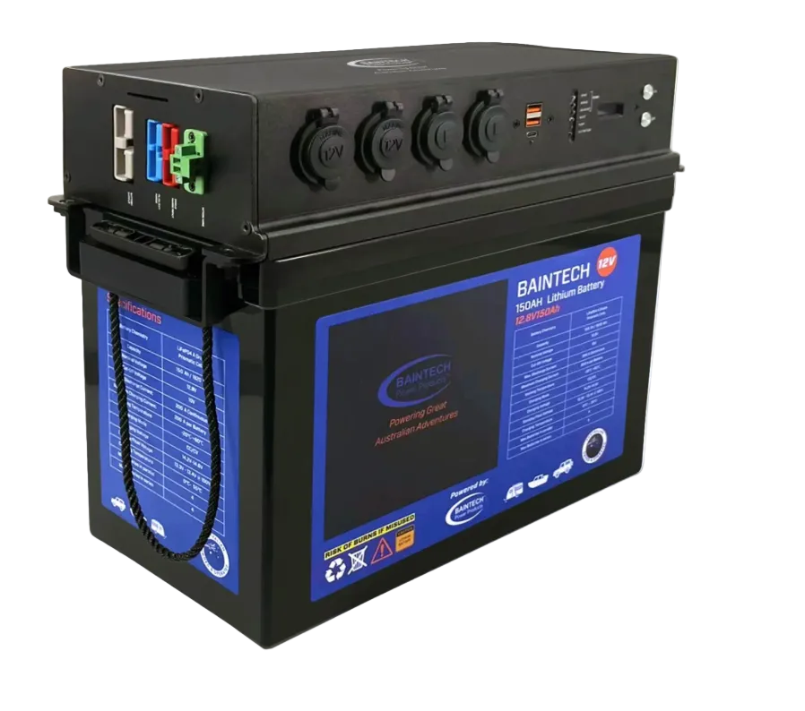 Baintech 150Ah lithium power station with Anderson, USB and cigarette outlets on top