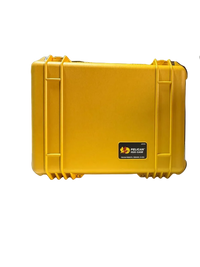 Yellow hard-shell case with Pelican logo on a wooden floor.